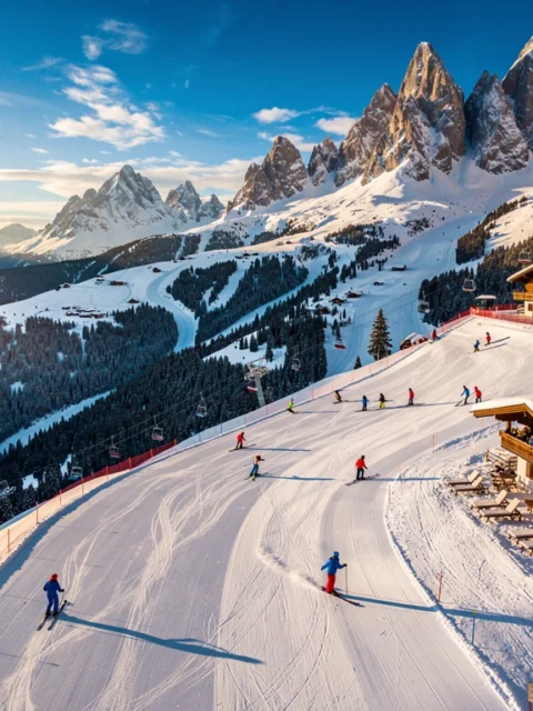 Aerial view of snow-covered Alpine ski slopes in Radstadt-Altenmarkt with skiers, groomed runs, and Austrian lodges.