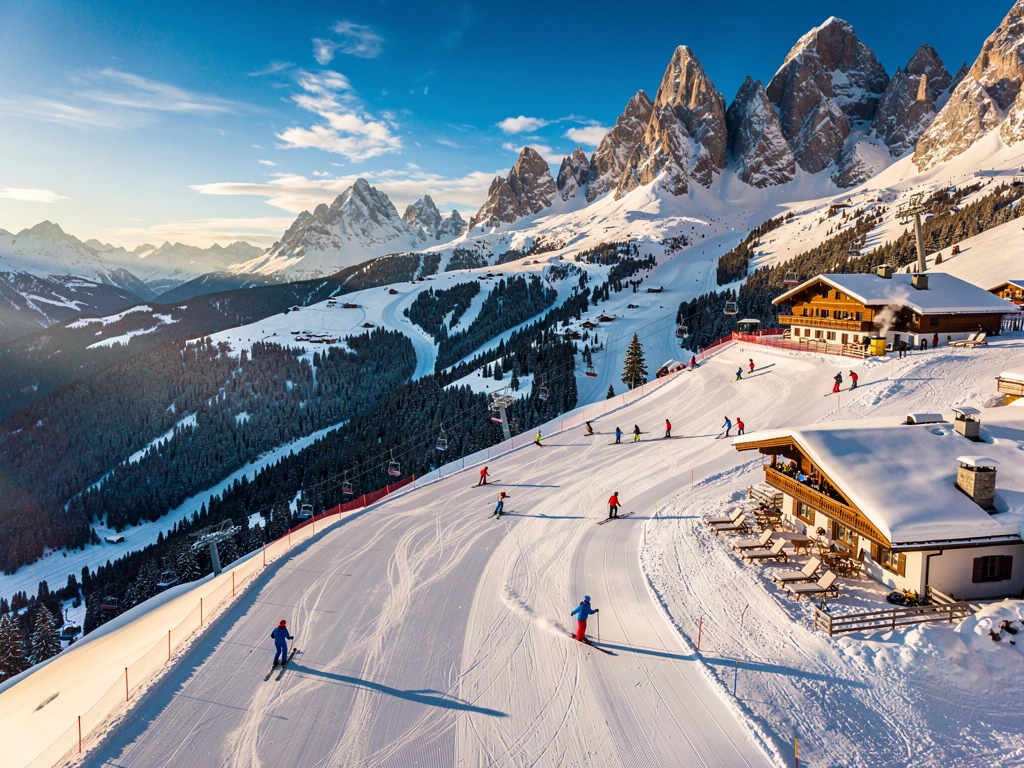 Aerial view of snow-covered Alpine ski slopes in Radstadt-Altenmarkt with skiers, groomed runs, and Austrian lodges.