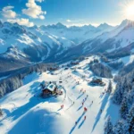 Luchtfoto van Reiteralm skigebied met besneeuwde pistes, gondels, skileraren en berghutten onder blauwe hemel