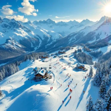 Luchtfoto van Reiteralm skigebied met besneeuwde pistes, gondels, skileraren en berghutten onder blauwe hemel