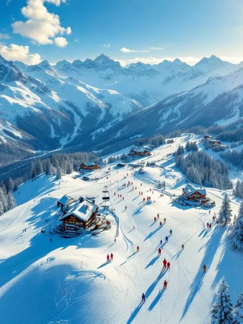 Luchtfoto van Reiteralm skigebied met besneeuwde pistes, gondels, skileraren en berghutten onder blauwe hemel