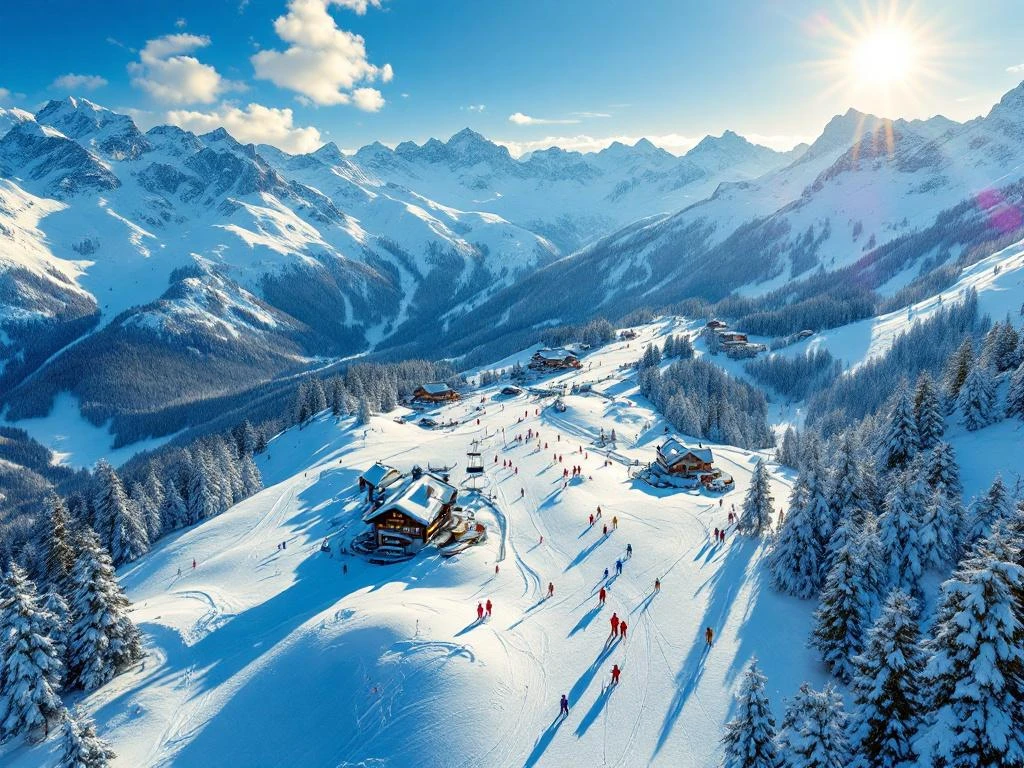 Luchtfoto van Reiteralm skigebied met besneeuwde pistes, gondels, skileraren en berghutten onder blauwe hemel