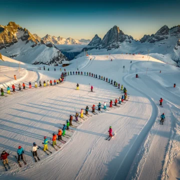 Ski instructors teaching groups on groomed slopes at Risoul resort during golden hour with Alpine peaks in background