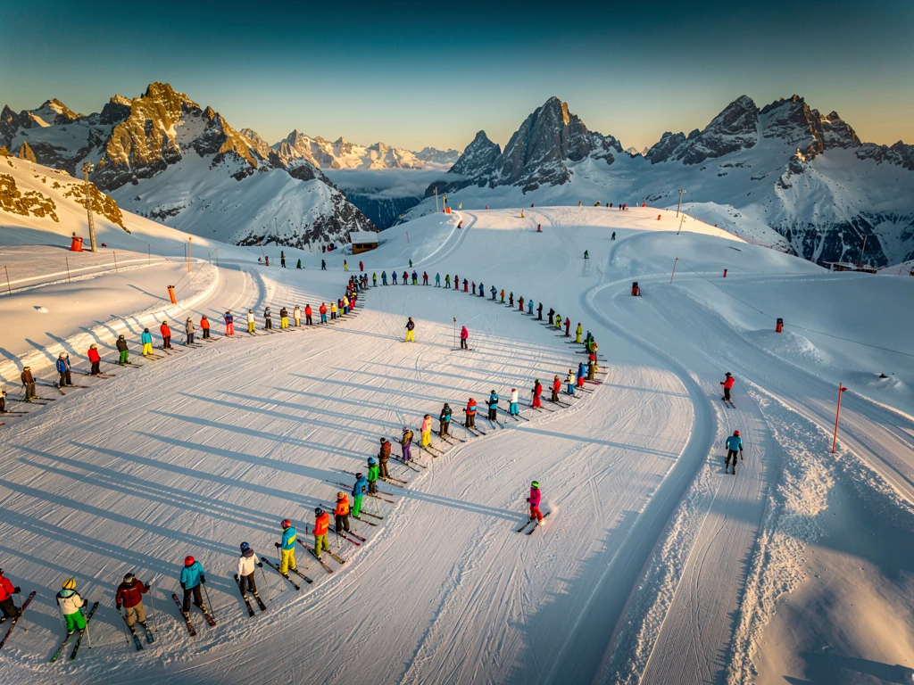 Ski instructors teaching groups on groomed slopes at Risoul resort during golden hour with Alpine peaks in background