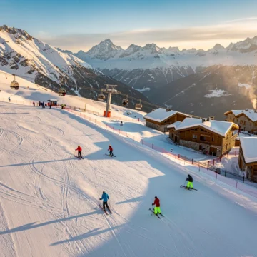 Luchtfoto van besneeuwde skipistes in Risoul met ski-instructeurs die groepen begeleiden tijdens gouden uur