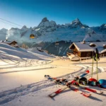 Skipistes in Rohrmoos met besneeuwde Alpen, chalets en kabelbanen onder blauwe hemel