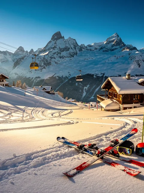 Skipistes in Rohrmoos met besneeuwde Alpen, chalets en kabelbanen onder blauwe hemel