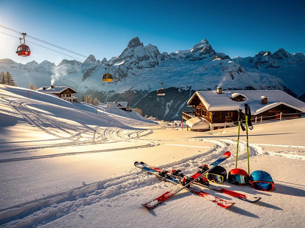 Skipistes in Rohrmoos met besneeuwde Alpen, chalets en kabelbanen onder blauwe hemel
