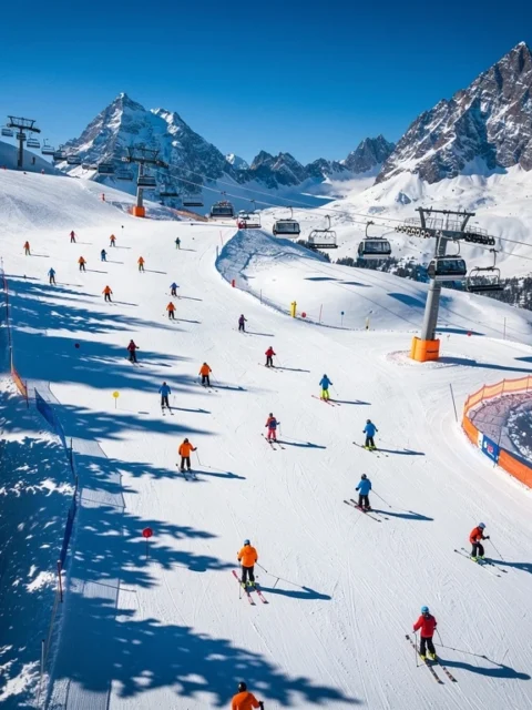 Luchtfoto van besneeuwde skipistes in Saalbach-Hinterglemm met skileraren in oranje en blauwe jassen op witte poeder