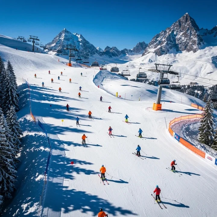 Luchtfoto van besneeuwde skipistes in Saalbach-Hinterglemm met skileraren in oranje en blauwe jassen op witte poeder
