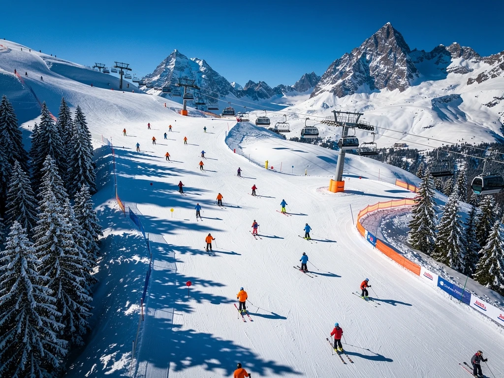 Luchtfoto van besneeuwde skipistes in Saalbach-Hinterglemm met skileraren in oranje en blauwe jassen op witte poeder