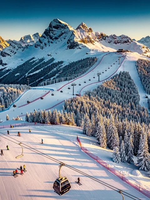 Aerial view of Saalbach-Hinterglemm ski slopes with skiers on groomed trails through snowy pine forests in Austrian Alps