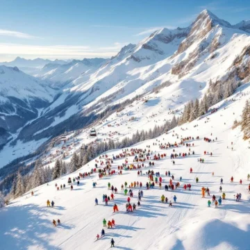 Luchtfoto van Saint-Gervais-les-Bains skigebied met witte pistes, skigroepen en Mont Blanc op de achtergrond