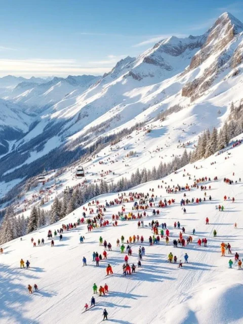 Luchtfoto van Saint-Gervais-les-Bains skigebied met witte pistes, skigroepen en Mont Blanc op de achtergrond
