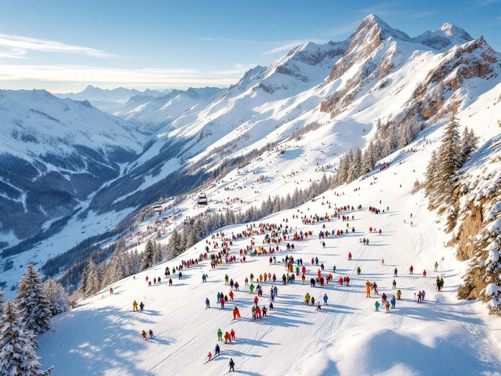 Luchtfoto van Saint-Gervais-les-Bains skigebied met witte pistes, skigroepen en Mont Blanc op de achtergrond