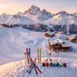 Aerial view of Saint Nicolas de Véroce ski slopes at golden hour with Mont Blanc peaks, ski tracks, and equipment in foreground