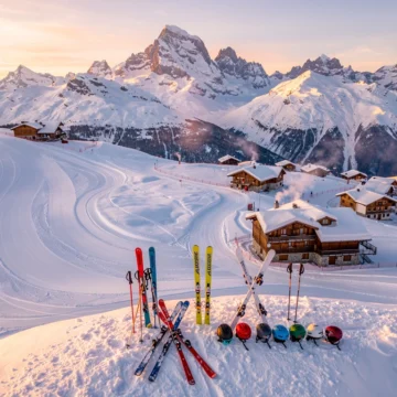 Aerial view of Saint Nicolas de Véroce ski slopes at golden hour with Mont Blanc peaks, ski tracks, and equipment in foreground