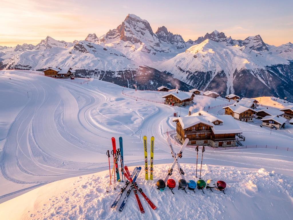 Aerial view of Saint Nicolas de Véroce ski slopes at golden hour with Mont Blanc peaks, ski tracks, and equipment in foreground