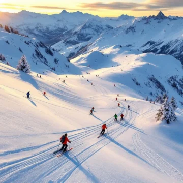 Luchtfoto van skiërs op besneeuwde hellingen in Sainte-Foy-Tarentaise met instructeurs in gekleurde jassen tijdens gouden uur