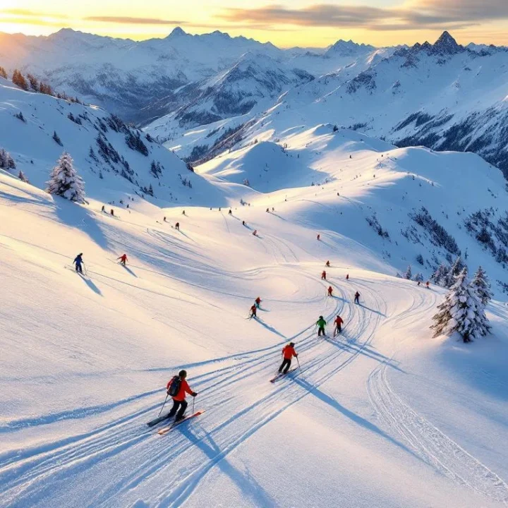 Luchtfoto van skiërs op besneeuwde hellingen in Sainte-Foy-Tarentaise met instructeurs in gekleurde jassen tijdens gouden uur