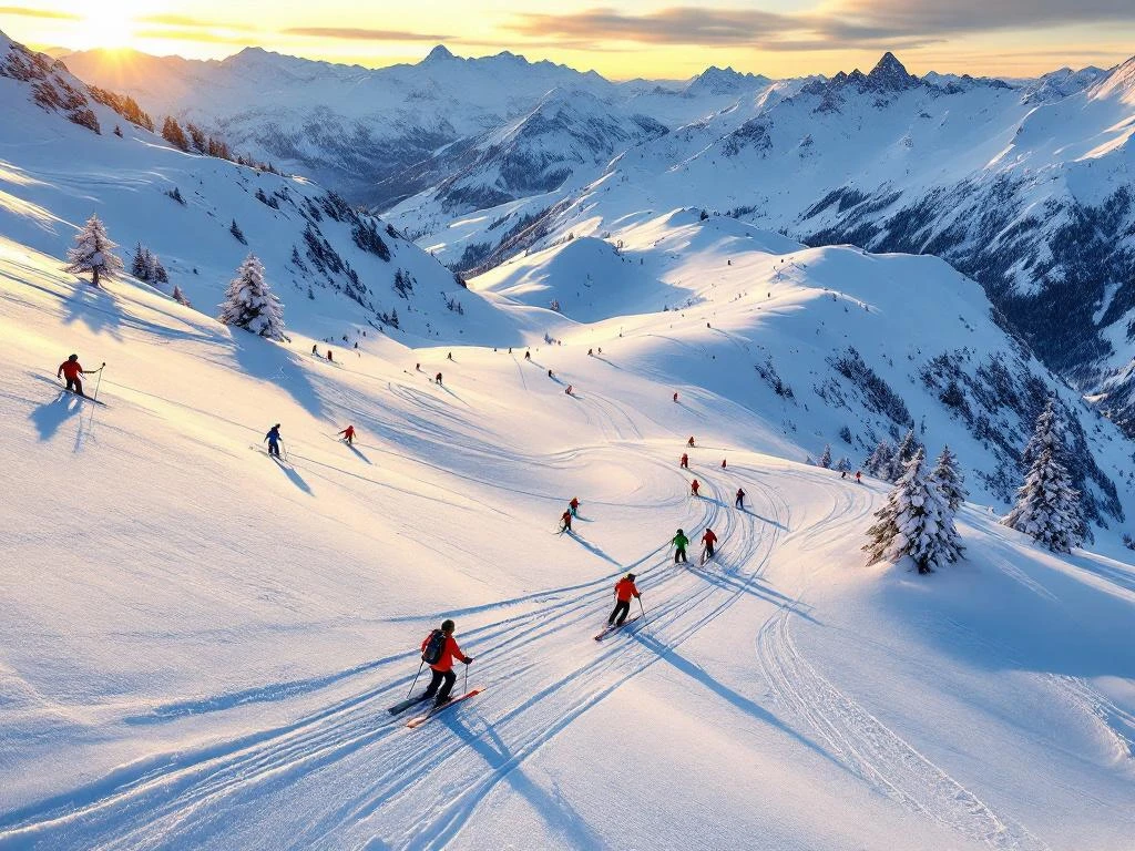 Luchtfoto van skiërs op besneeuwde hellingen in Sainte-Foy-Tarentaise met instructeurs in gekleurde jassen tijdens gouden uur
