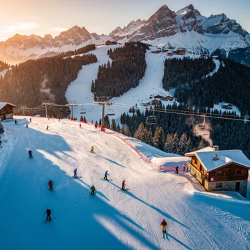 Luchtfoto van Samoëns skigebied in Franse Alpen met besneeuwde pistes, skilessen en traditionele chalets bij gouden uur