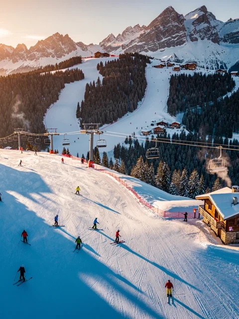 Luchtfoto van Samoëns skigebied in Franse Alpen met besneeuwde pistes, skilessen en traditionele chalets bij gouden uur