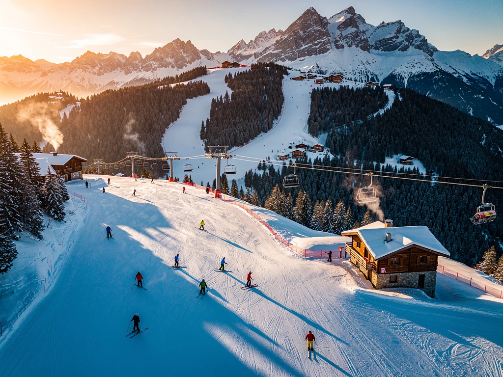 Luchtfoto van Samoëns skigebied in Franse Alpen met besneeuwde pistes, skilessen en traditionele chalets bij gouden uur