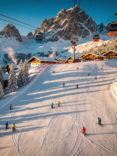 Aerial view of Sankt Gallenkirch Alpine ski slopes at golden hour with skiers on groomed runs and Austrian chalets below