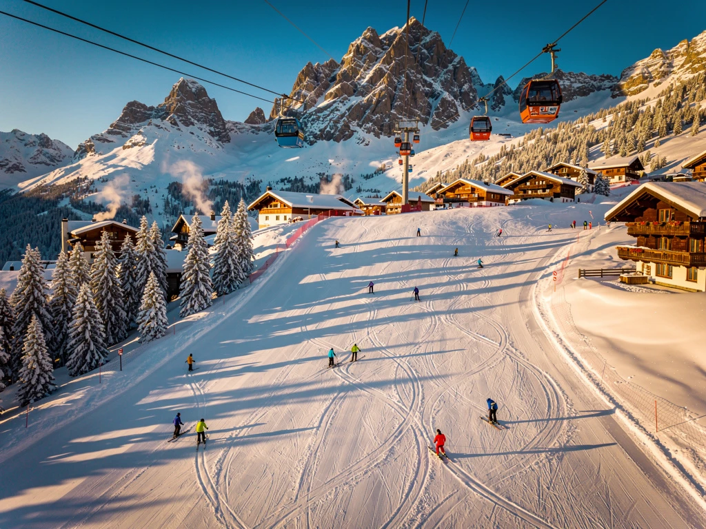 Aerial view of Sankt Gallenkirch Alpine ski slopes at golden hour with skiers on groomed runs and Austrian chalets below