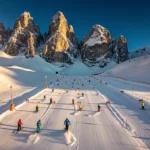 Aerial view of Scheffau am Wilden Kaiser ski slopes with instructors teaching groups on groomed runs below Alpine peaks
