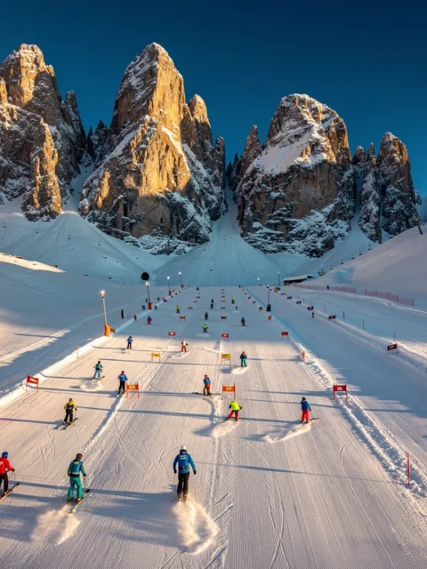 Aerial view of Scheffau am Wilden Kaiser ski slopes with instructors teaching groups on groomed runs below Alpine peaks