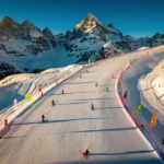 Aerial view of Schladming ski slopes with groomed powder snow trails, colorful skiers, and snow-capped Austrian Alpine peaks.
