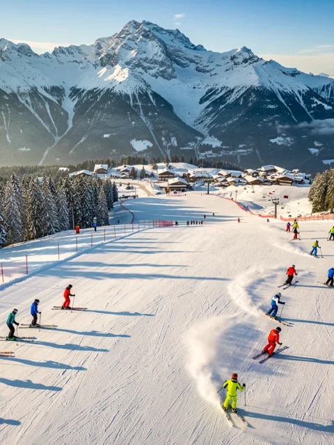 Ski instructors teaching groups on groomed alpine slopes in Schröcken, Austria during golden hour with snow-capped peaks.