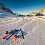 Luchtfoto van besneeuwde skipistes in Schröcken met kleurrijke ski-uitrusting en Oostenrijkse bergtoppen bij zonsopgang