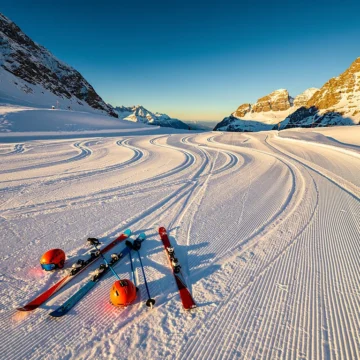 Luchtfoto van besneeuwde skipistes in Schröcken met kleurrijke ski-uitrusting en Oostenrijkse bergtoppen bij zonsopgang
