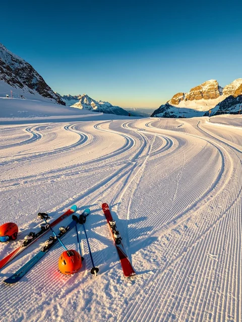 Luchtfoto van besneeuwde skipistes in Schröcken met kleurrijke ski-uitrusting en Oostenrijkse bergtoppen bij zonsopgang