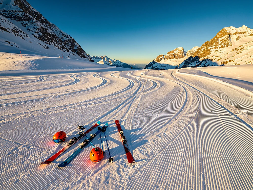 Luchtfoto van besneeuwde skipistes in Schröcken met kleurrijke ski-uitrusting en Oostenrijkse bergtoppen bij zonsopgang