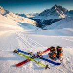 Luchtfoto van skigebied Schruns met besneeuwde pistes, ski-uitrusting op voorgrond en Oostenrijkse Alpen bij zonsopgang