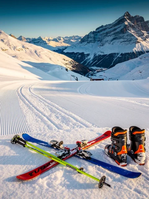 Luchtfoto van skigebied Schruns met besneeuwde pistes, ski-uitrusting op voorgrond en Oostenrijkse Alpen bij zonsopgang