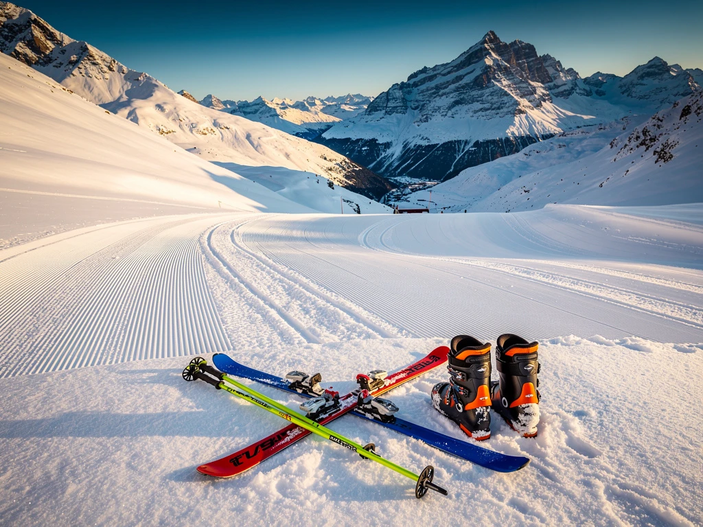 Luchtfoto van skigebied Schruns met besneeuwde pistes, ski-uitrusting op voorgrond en Oostenrijkse Alpen bij zonsopgang