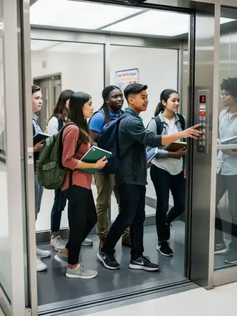 Diverse Studenten betreten ordentlich einen modernen Glasaufzug in hellem Schulflur mit reflektierenden Böden
