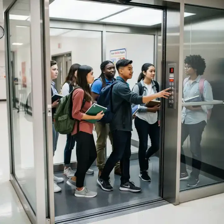 Diverse Studenten betreten ordentlich einen modernen Glasaufzug in hellem Schulflur mit reflektierenden Böden