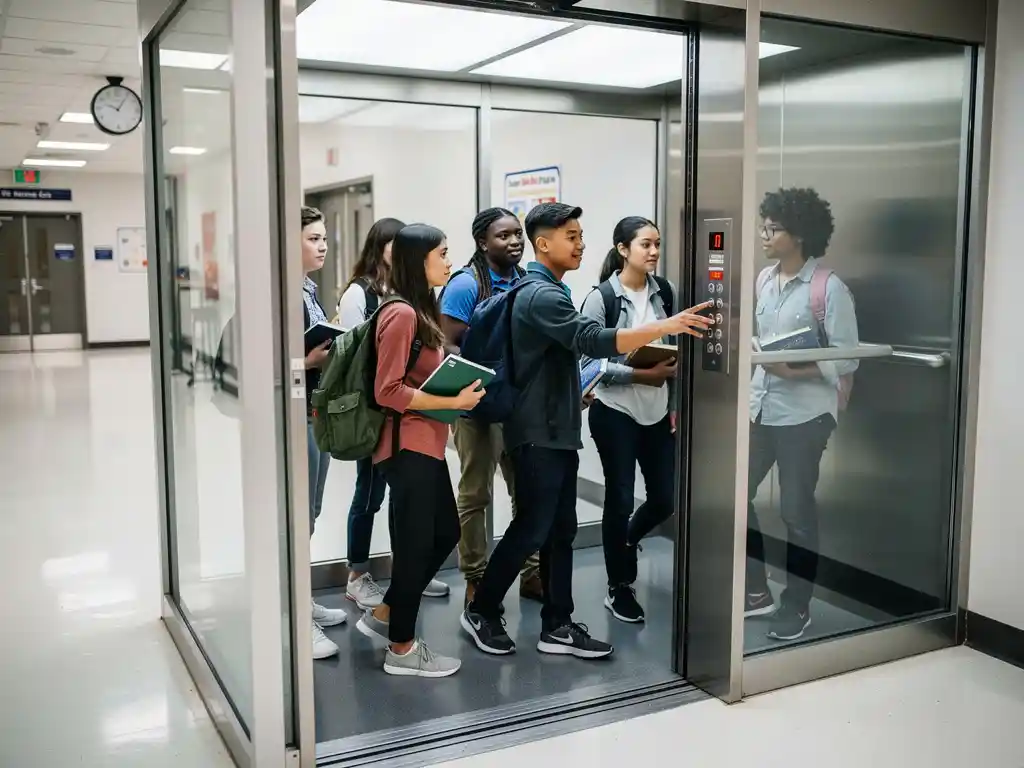 Diverse Studenten betreten ordentlich einen modernen Glasaufzug in hellem Schulflur mit reflektierenden Böden