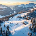 Luchtfoto van Seefeld skigebied tijdens gouden uur met skiërs op besneeuwde hellingen en Oostenrijkse berghutten