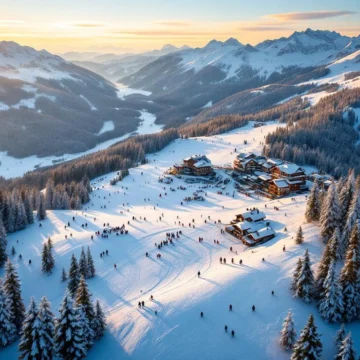 Luchtfoto van Seefeld skigebied tijdens gouden uur met skiërs op besneeuwde hellingen en Oostenrijkse berghutten