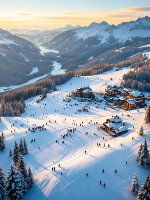Luchtfoto van Seefeld skigebied tijdens gouden uur met skiërs op besneeuwde hellingen en Oostenrijkse berghutten