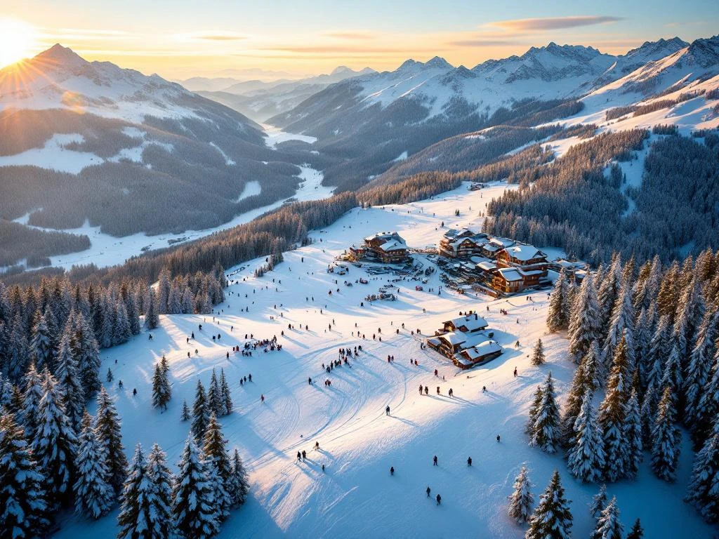 Luchtfoto van Seefeld skigebied tijdens gouden uur met skiërs op besneeuwde hellingen en Oostenrijkse berghutten