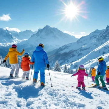 Alpenlandschap: familie skiën met instructeur links, kinderen in speciaal oefengebied rechts tegen prachtig bergpanorama