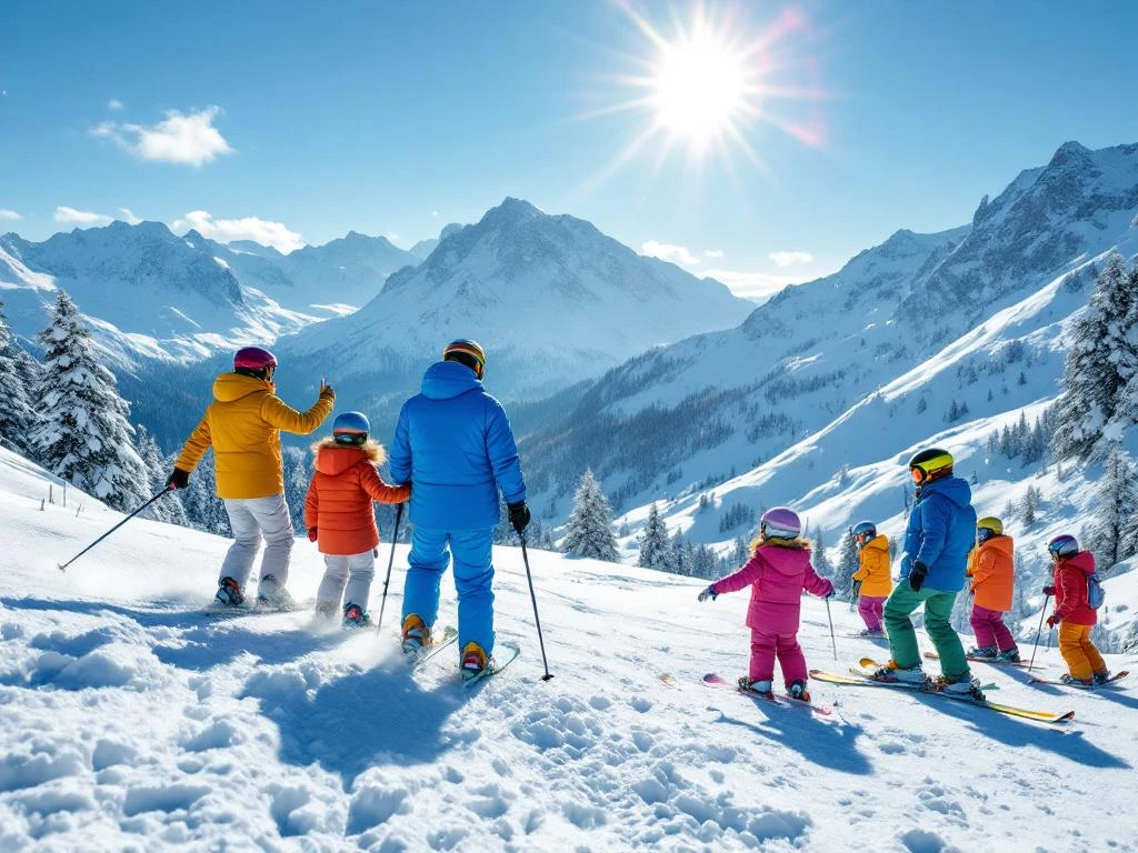 Alpenlandschap: familie skiën met instructeur links, kinderen in speciaal oefengebied rechts tegen prachtig bergpanorama